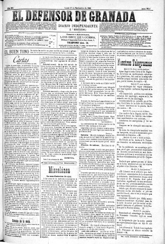 'El Defensor de Granada  : diario político independiente' - Año XI Número 3924 1ª ed. - 1890 Noviembre 17