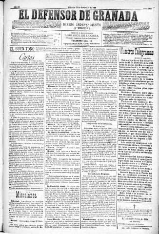 'El Defensor de Granada  : diario político independiente' - Año XI Número 3928 2ª ed. - 1890 Noviembre 19