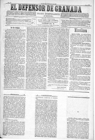 'El Defensor de Granada  : diario político independiente' - Año XI Número 3941 1ª ed. - 1890 Noviembre 27