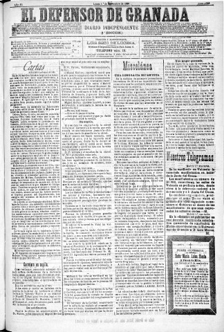 'El Defensor de Granada  : diario político independiente' - Año XI Número 3948 1ª ed. - 1890 Diciembre 01
