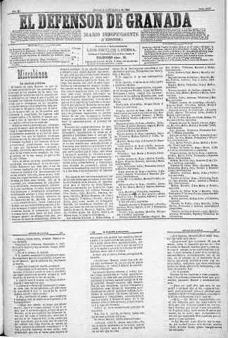 'El Defensor de Granada  : diario político independiente' - Año XI Número 3955 1ª ed. - 1890 Diciembre 05