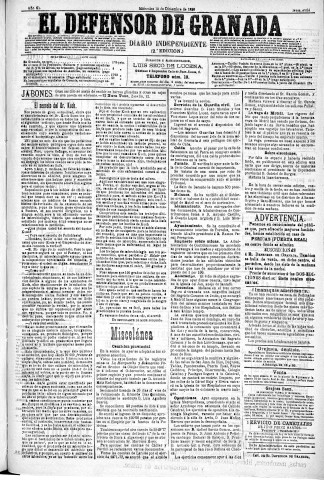'El Defensor de Granada  : diario político independiente' - Año XI Número 3964 2ª ed. - 1890 Diciembre 10