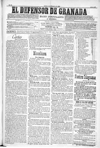 'El Defensor de Granada  : diario político independiente' - Año XI Número 3966 2ª ed. - 1890 Diciembre 11