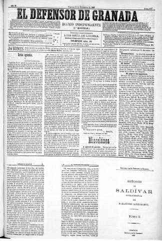 'El Defensor de Granada  : diario político independiente' - Año XI Número 3967 1ª ed. - 1890 Diciembre 12