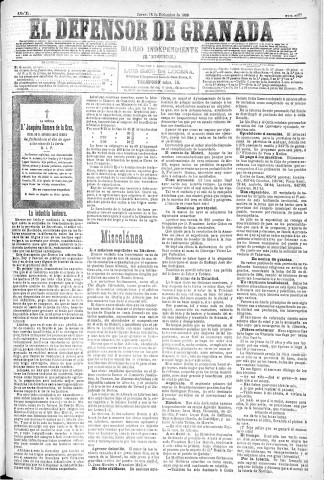 'El Defensor de Granada  : diario político independiente' - Año XI Número 3977 1ª ed. - 1890 Diciembre 18