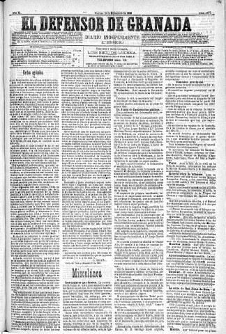 'El Defensor de Granada  : diario político independiente' - Año XI Número 3979 1ª ed. - 1890 Diciembre 19