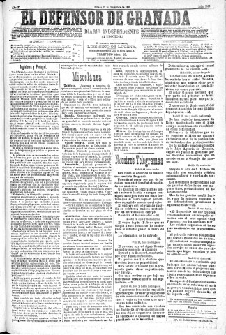 'El Defensor de Granada  : diario político independiente' - Año XI Número 3982 2ª ed. - 1890 Diciembre 20