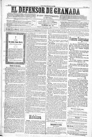 'El Defensor de Granada  : diario político independiente' - Año XI Número 3994 1ª ed. - 1890 Diciembre 29