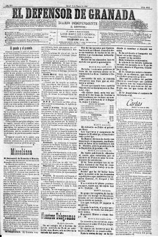 'El Defensor de Granada  : diario político independiente' - Año XII Número 4003 1ª ed. - 1891 Enero 03