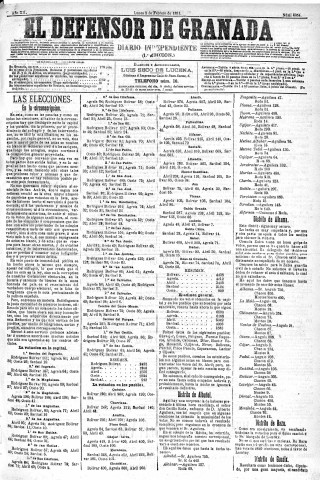 'El Defensor de Granada  : diario político independiente' - Año XII Número 4054 1ª ed. - 1891 Febrero 02