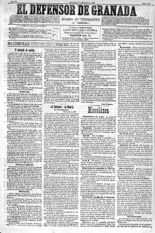 'El Defensor de Granada  : diario político independiente' - Año XII Número 4057 1ª ed. - 1891 Febrero 04