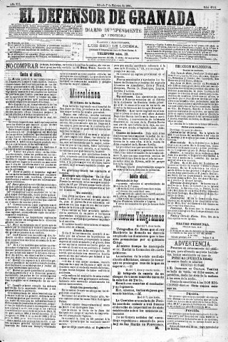 'El Defensor de Granada  : diario político independiente' - Año XII Número 4064 2ª ed. - 1891 Febrero 07
