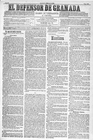'El Defensor de Granada  : diario político independiente' - Año XII Número 4095 1ª ed. - 1891 Febrero 26