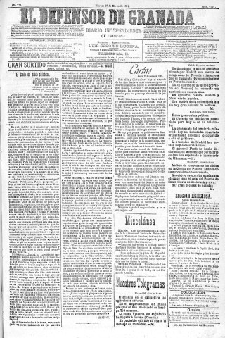 'El Defensor de Granada  : diario político independiente' - Año XII Número 4144 1ª ed. - 1891 Marzo 27