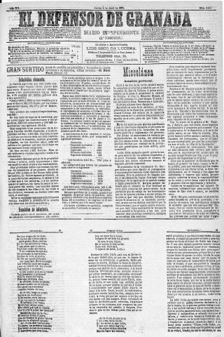 'El Defensor de Granada  : diario político independiente' - Año XII Número 4153 1ª ed. - 1891 Abril 02