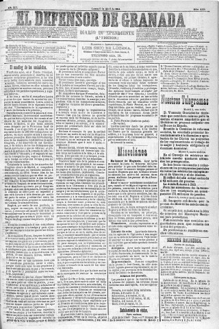 'El Defensor de Granada  : diario político independiente' - Año XII Número 4160 1ª ed. - 1891 Abril 06