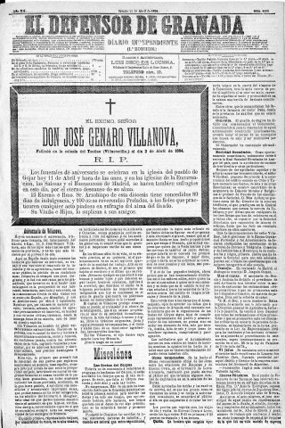 'El Defensor de Granada  : diario político independiente' - Año XII Número 4169 1ª ed. - 1891 Abril 11