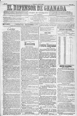 'El Defensor de Granada  : diario político independiente' - Año XII Número 4184 1ª ed. - 1891 Abril 20