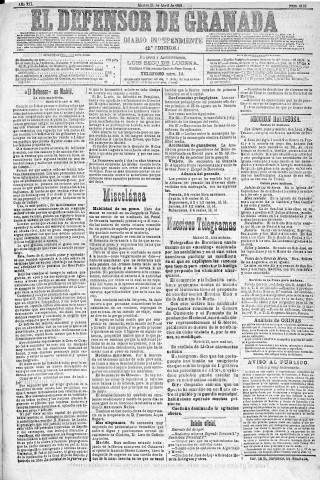 'El Defensor de Granada  : diario político independiente' - Año XII Número 4186 2ª ed. - 1891 Abril 21