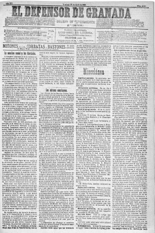 'El Defensor de Granada  : diario político independiente' - Año XII Número 4195 1ª ed. - 1891 Abril 26