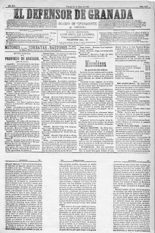 'El Defensor de Granada  : diario político independiente' - Año XII Número 4237 1ª ed. - 1891 Mayo 22