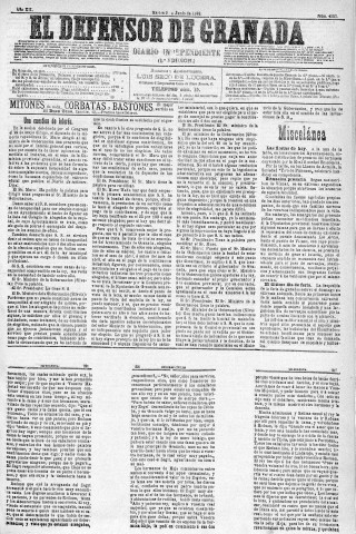 'El Defensor de Granada  : diario político independiente' - Año XII Número 4253 1ª ed. - 1891 Junio 02