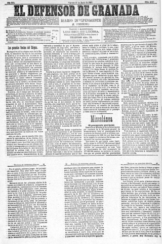 'El Defensor de Granada  : diario político independiente' - Año XII Número 4283 1ª ed. - 1891 Junio 19