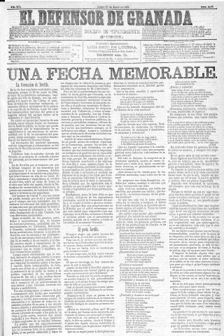 'El Defensor de Granada  : diario político independiente' - Año XII Número 4288 1ª ed. - 1891 Junio 22