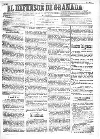 'El Defensor de Granada  : diario político independiente' - Año XII Número 4312 1ª ed. - 1891 Julio 06