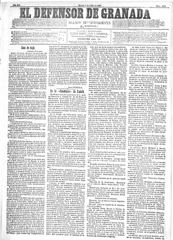 'El Defensor de Granada  : diario político independiente' - Año XII Número 4313 1ª ed. - 1891 Julio 07