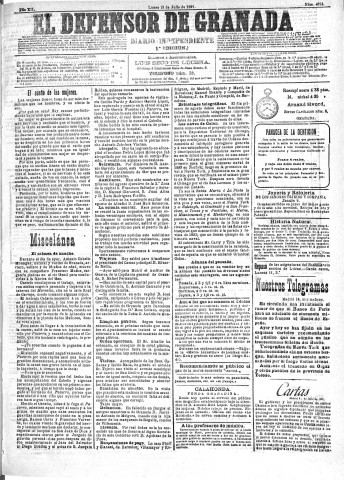 'El Defensor de Granada  : diario político independiente' - Año XII Número 4324 1ª ed. - 1891 Julio 13
