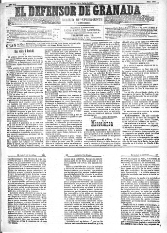'El Defensor de Granada  : diario político independiente' - Año XII Número 4325 1ª ed. - 1891 Julio 14