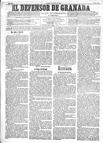 'El Defensor de Granada  : diario político independiente' - Año XII Número 4329 1ª ed. - 1891 Julio 16