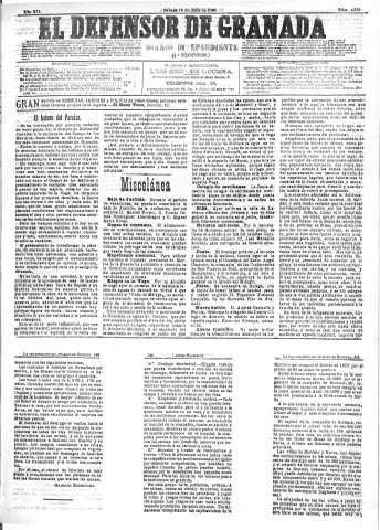 'El Defensor de Granada  : diario político independiente' - Año XII Número 4333 1ª ed. - 1891 Julio 18