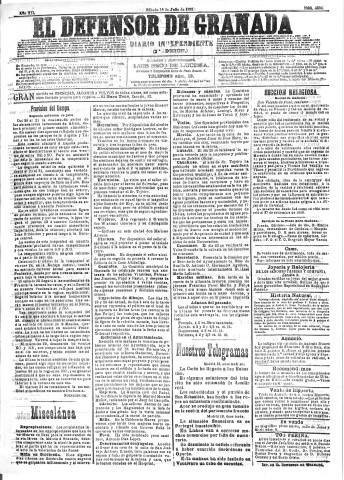 'El Defensor de Granada  : diario político independiente' - Año XII Número 4334 2ª ed. - 1891 Julio 18