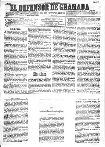 'El Defensor de Granada  : diario político independiente' - Año XII Número 4337 1ª ed. - 1891 Julio 21