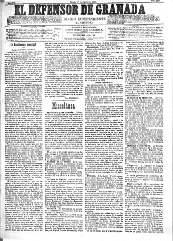 'El Defensor de Granada  : diario político independiente' - Año XII Número 4357 1ª ed. - 1891 Agosto 01