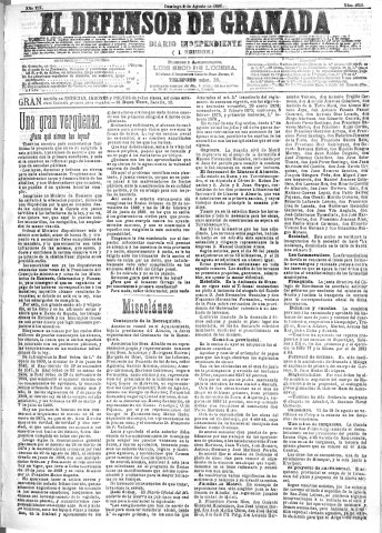 'El Defensor de Granada  : diario político independiente' - Año XII Número 4359 1ª ed. - 1891 Agosto 02