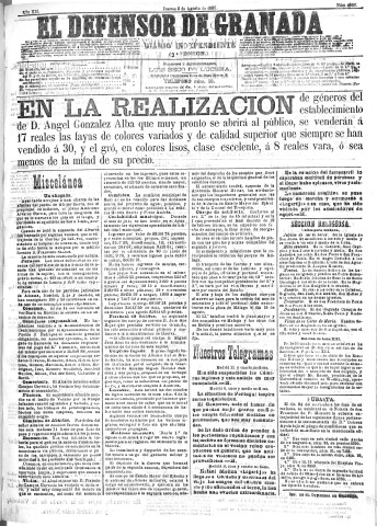 'El Defensor de Granada  : diario político independiente' - Año XII Número 4366 2ª ed. - 1891 Agosto 06