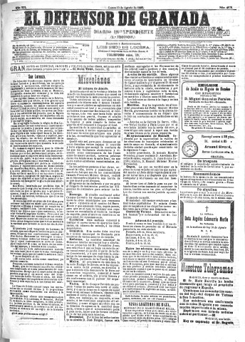 'El Defensor de Granada  : diario político independiente' - Año XII Número 4372 1ª ed. - 1891 Agosto 10