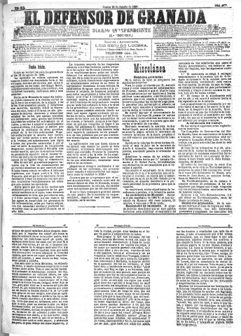 'El Defensor de Granada  : diario político independiente' - Año XII Número 4377 1ª ed. - 1891 Agosto 13