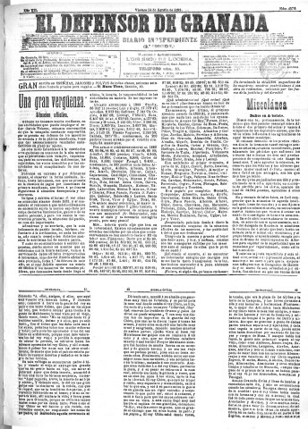 'El Defensor de Granada  : diario político independiente' - Año XII Número 4379 1ª ed. - 1891 Agosto 14