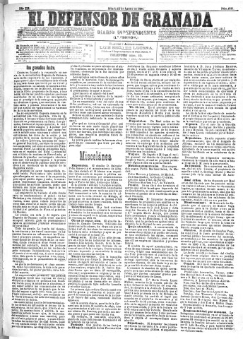 'El Defensor de Granada  : diario político independiente' - Año XII Número 4381 1ª ed. - 1891 Agosto 15