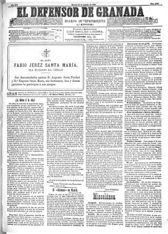 'El Defensor de Granada  : diario político independiente' - Año XII Número 4385 1ª ed. - 1891 Agosto 18