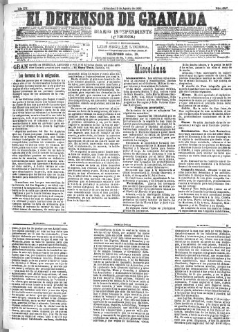 'El Defensor de Granada  : diario político independiente' - Año XII Número 4387 1ª ed. - 1891 Agosto 19