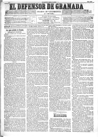 'El Defensor de Granada  : diario político independiente' - Año XII Número 4389 1ª ed. - 1891 Agosto 20