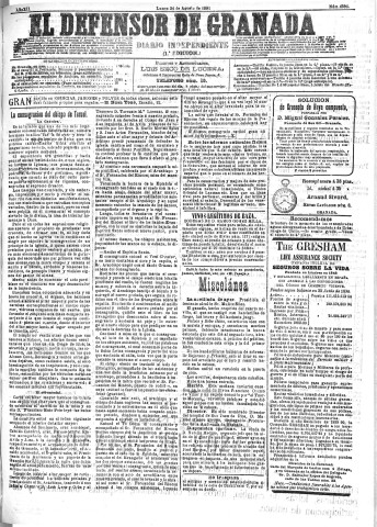 'El Defensor de Granada  : diario político independiente' - Año XII Número 4396 1ª ed. - 1891 Agosto 24