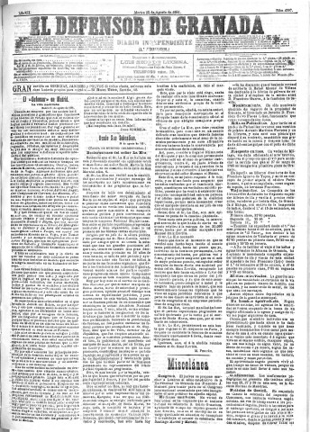 'El Defensor de Granada  : diario político independiente' - Año XII Número 4397 1ª ed. - 1891 Agosto 25