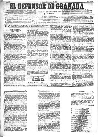 'El Defensor de Granada  : diario político independiente' - Año XII Número 4403 1ª ed. - 1891 Agosto 28