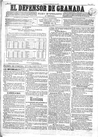 'El Defensor de Granada  : diario político independiente' - Año XII Número 4432 1ª ed. - 1891 Septiembre 14
